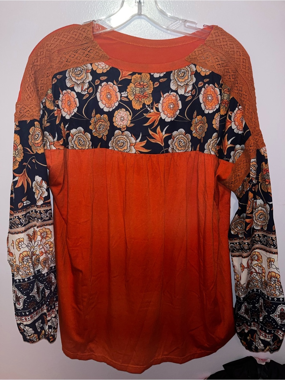 Boho Floral Patchwork Long-Sleeve Top in Rust